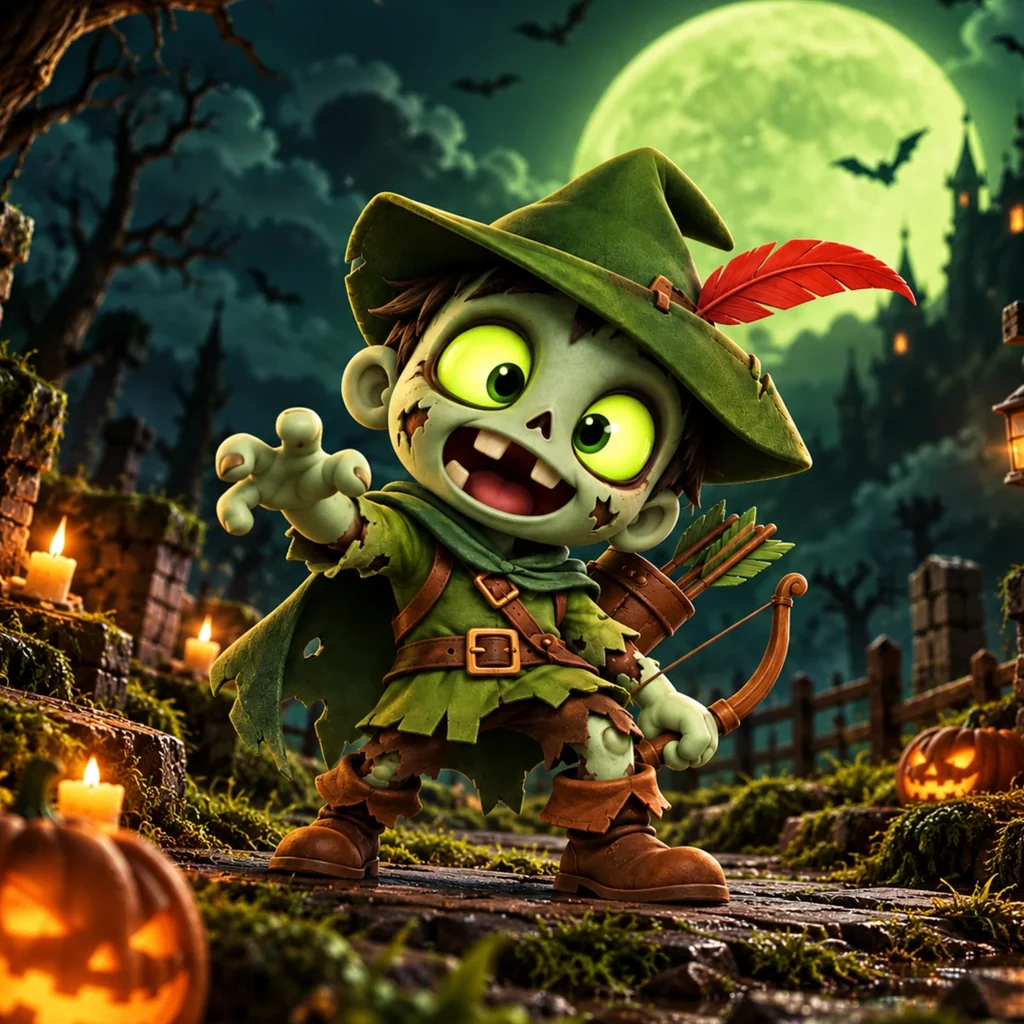 The Zombiehood mascot, a green zombie archer in a feathered hat, in a moonlit graveyard
